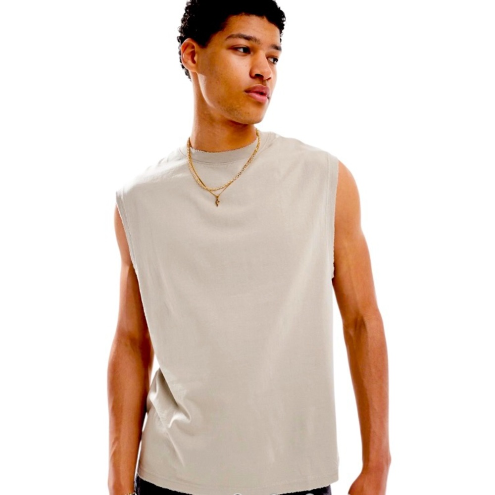 Pull&Bear Men’s Sleeveless Muscle Fit‎ Cotton Tank Top In Sand/Beige Sz XL